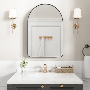 Wooakway 24 x 36 Inch Arch Framed Recessed Medicine Cabinet Wall Mounted Bathroom Vanity Mirror with Shelves, Black - 1 of 4