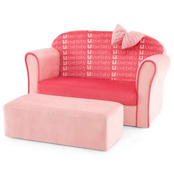 Tangkula Kids Double Sofa Velvet Upholstered Sofa Couch w/Footstool & Armrests Pink