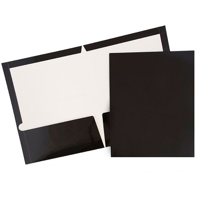 JAM Paper Laminated Two-Pocket Glossy Presentation Folders Black Bulk 25/Pack 385GBLD