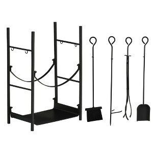 Outsunny 18" 2-Tier Firewood Log Wood Storage Rack with Shovel, Broom, Poker, Tongs and Hooks for Outdoor Fires and Indoor Fireplaces, Black - 1 of 4