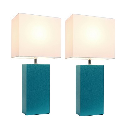 Set of 2 Teal Leather Table Lamps with White Fabric Shades
