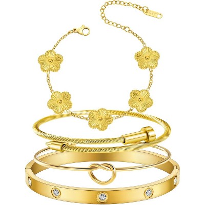 Womens 4Pcs Stackable Floral Gold Bracelets Stainless Steel Bangle Bracelets Non Tarnish Silver Set