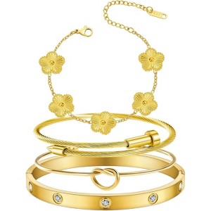 Womens 4Pcs Stackable Floral Gold Bracelets Stainless Steel Bangle Bracelets Non Tarnish Silver Set - 1 of 4