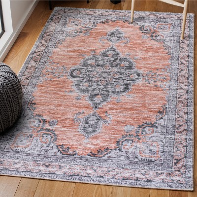 Wincer Chenille Medallion Washable Orange and Gray 5'3" x 7'7" Area Rug