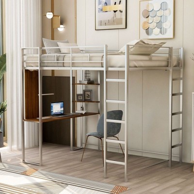 NicBex Full Size Loft Bed with Desk and 2 Shelves,Metal Loft Bed Frame with Guard & Ladder,Bed Frame for Adults,Kids,Box Spring Not Required