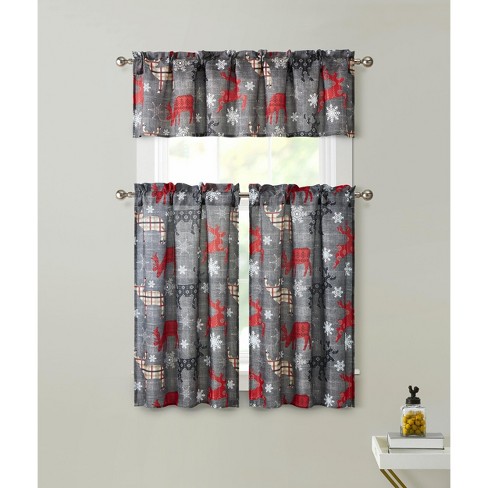 Kate Aurora Complete Plaid Christmas Reindeers Snowflakes 3 Pc Kitchen Curtain Tier And Valance Set - 56 in. W x 36 in. L - image 1 of 1