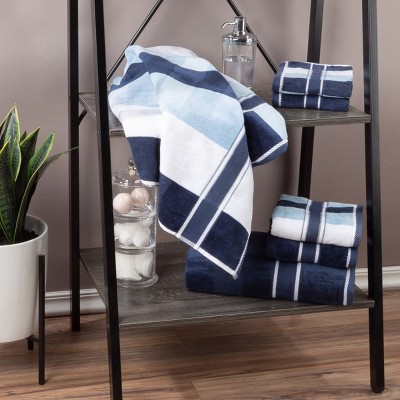 Hastings Home 6-Piece Bathroom Towel Set - 100% Cotton with Velour Finish - Luxurious Spa Quality - Blue/Navy