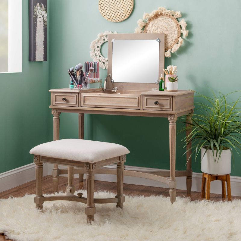 Cyndi Traditional Washed Wood Flip Up Mirror 2 Drawer Vanity and Upholstered Stool Gray - Linon, 3 of 20