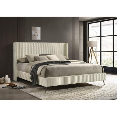 Cream Wide-Wale Corduroy Upholstered Queen Bed Set with Nightstands and Bench