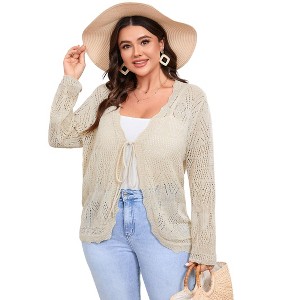 Coolmee Women's Plus Size Crochet Cardigan Light Weight Long Sleeve Tie Front Hollow Out Thin Cardigan - 1 of 4