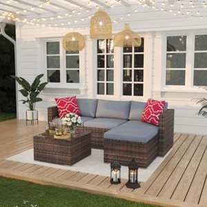 Garvee 5 Pieces Patio Furniture Set - Rattan Outdoor Sofa Set with Cushions, Wicker Sectional with Glass Coffee Table & Ottoman - 1 of 4