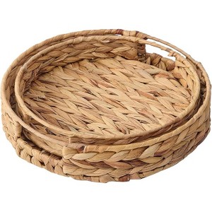 BRINJOY 2-Piece Round Water Hyacinth Tray Set - Handwoven Storage Trays with Handles (12.6" & 11" Circular Organizer for Coffee Table Decor) - 1 of 4