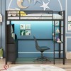 Black Twin Size Loft Bed with Desk, 4 Large Fabric Drawers and Open Shelves, Heavy Duty Metal Loft Bed with Lights - 3 of 4