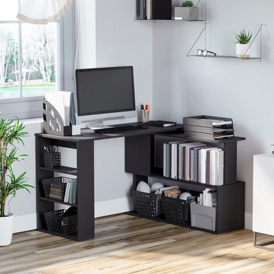 INFURNIC Desks Modern L Shaped Corner Desk with 360 Degree Rotating Design and Storage Shelves for Home Office, Black, 47.25"*43.25"*29.25"