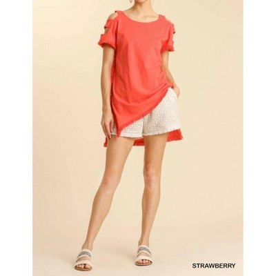 Women's Short Sleeve High Low Tunic Top with Fringed Hems - umgee