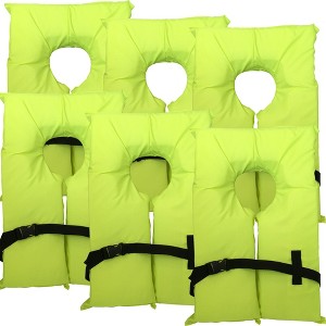 6 Pack Coast Guard approved life jackets for adults. High visibility color Type II keyhole life vest in classic May West style. - 1 of 4