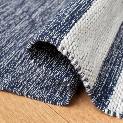 Ivory and Navy Striped Kilim 7' Square Wool-Cotton Rug