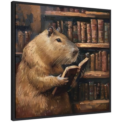 Kate & Laurel All Things Decor 30"x30" Sylvie Traditional Capybara Reading Library Framed Canvas by The Creative Bunch Studio Black