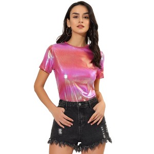 Allegra K Women's Party Metallic Short Sleeve Textured Shiny T-shirts - 1 of 4