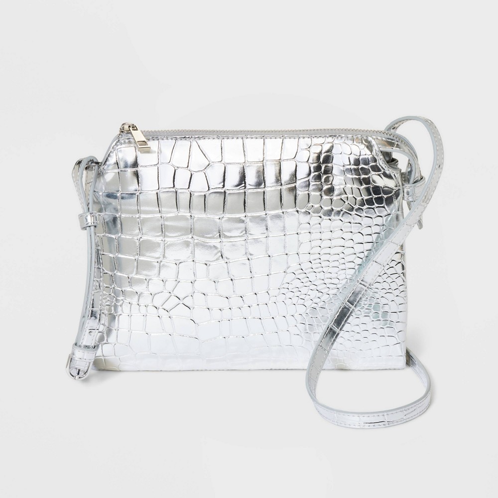 Alligator Print Double Gusset Crossbody Bag - A New Day Metallic Silver