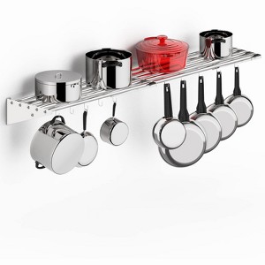 Floating Shelves for Wall, NSF Commercial Wall Shelf, 12" x 60" Shelf Pot Rack with Backsplash & 10 Hooks, Stainless Steel Floating Shelves, for Pans - 1 of 4