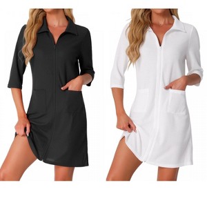INSPIRE CHIC Women's 2 Pcs Zip Waffle Robes 3/4-Sleeve Bathrobe Knee-Length Housecoat Short Sleepwear with Pockets - 1 of 4