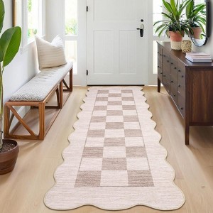 Checkered Rug Washable Rug for Living Room Non Slip Indoor Scalloped Printed Carpet Low Pile Neutral Rugs Soft Floor Cover for Bedroom Nursery - 1 of 4