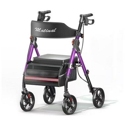 JUJABU Foldable Rollator Walker with Seat, 8'' Wheels, 6-Position Height, Aluminum & Carbon Steel