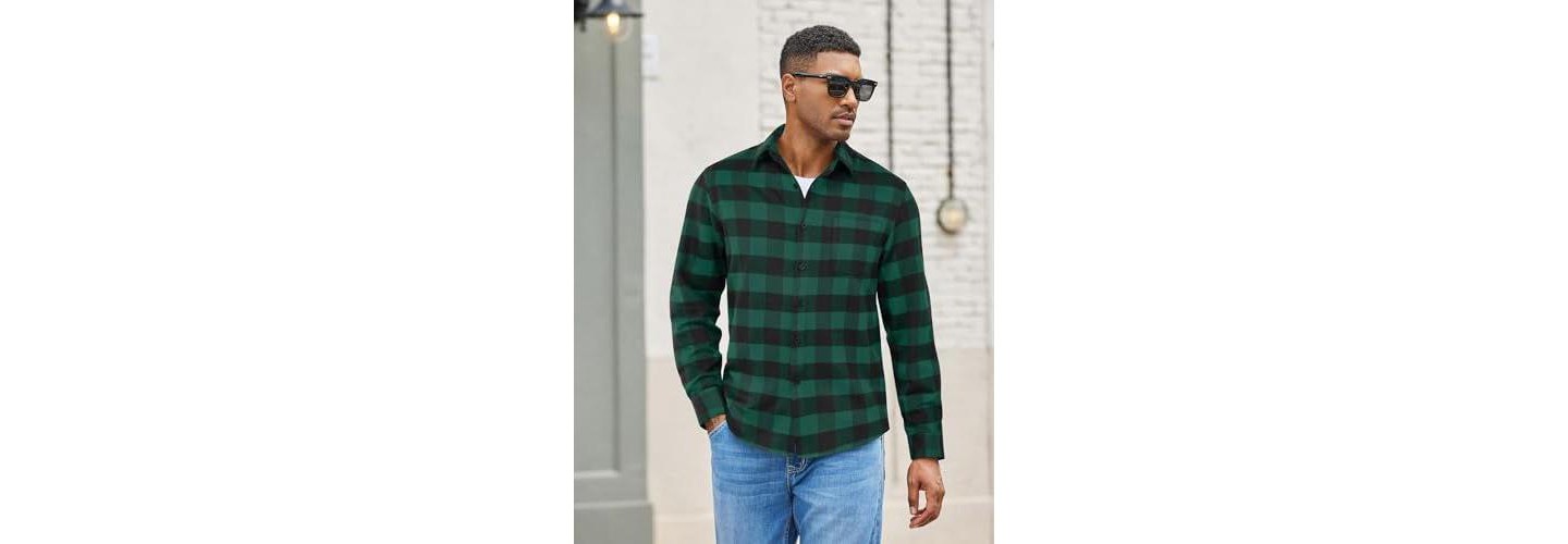 Мужская рубашка COOFANDY Lightweight Flannel Shirt Long Sleeve Plaid Shirt with Pocket Dark Green, цвет: Тёмный зелёный — фото 2