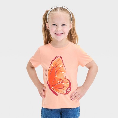 Toddler Girls' Butterfly Graphic T-Shirt - Cat & Jack™ Peach Orange 4T: Cotton Blend, Recycled Polyester, Lightweight Jersey, Tagless