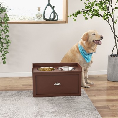 23'' Dog Feeding Station with Storage Drawer,Elevated Dog Bowls for Large Dogs,Pet Food Storage Cabinet with 2 Stainless Steel Bowls-LAOTIES