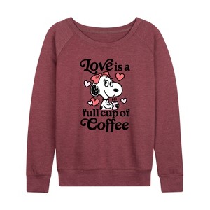 Women's - Peanuts - Belle Love Is A Full Cup Of Coffee with Hearts Lightweight French Terry Wide Neck Long Sleeve Shirt - 1 of 4