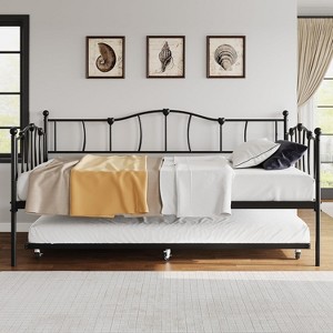 Twin Size Metal Daybed Frame with Trundle, Twin Size Day Bed with Pull-Out Trundle, Heart Design, with Steel Slats Support - 1 of 4