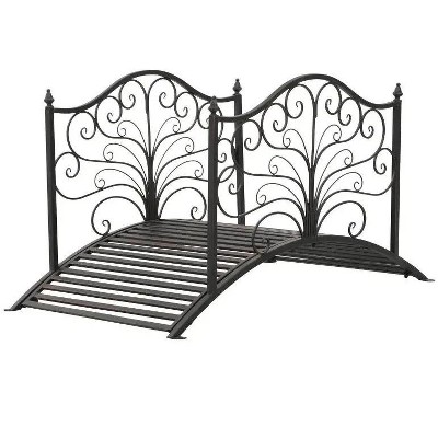 4' Metal Arch Backyard Garden Bridge with Safety Siderails, Delicate Scrollwork, & Easy Assembly, Black Bronze