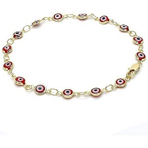 RMZ GOLD NYC 18K WOMEN'S GOLD FILLED HIGH POLISH FINSH RED EVIL EYE CLASP BRACELET 7.5 INCH - 1 of 2