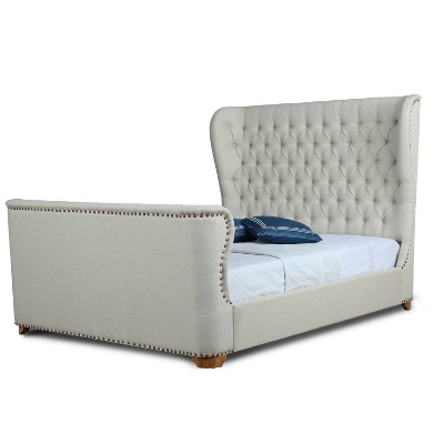 Ivory Linen Upholstered Full Bed with Nailhead Trim and Tufted Headboard