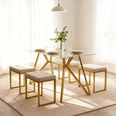 Homy Casa Rectangular Glass Top Table with Gold Metal Frame– Modern Glam Dining or Office Desk