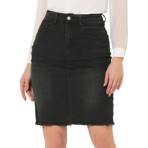 Allegra K Women's Denim Casual Distressed Knee Length Jeans Skirts - 1 of 4