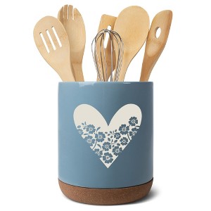 Elanze Designs Floral Heart Flowers Arrangement Love� Ceramic Cork Bottom Sky Blue Large Capacity Utensil Holder Crock for Countertop Storage, Stylish - 1 of 4