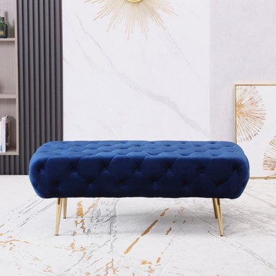 Sira Blue Velvet Button Tufted Bench with Gold Metal Legs