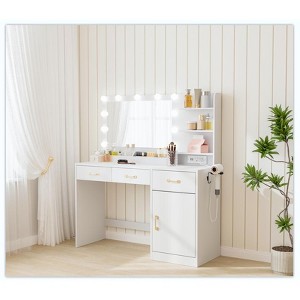 Vanity Desk with Mirror, LED Lights and Power Outlet Makeup Table with 3 Drawers and Storage Shelves Dressing Table for Bedroom Dressing Room - 1 of 4