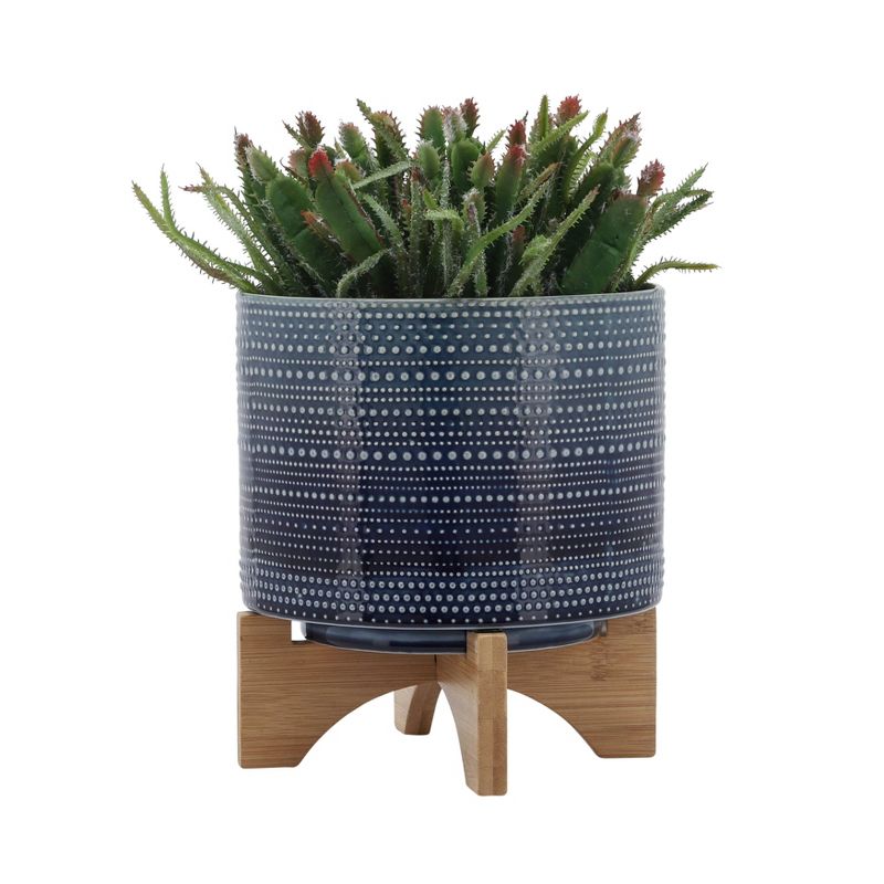 Sagebrook Home Dot Pattern Round Ceramic Planter Pot with Wood Stand, 4 of 13