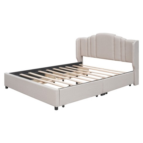 Queen Size Upholstered Platform Bed With Wingback Headboard And 4 ...