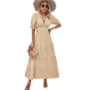 Coolmee Womens Boho Summer Dress Puff Sleeve V Neck Back Hollow Elastic Waist Beach Maxi Dresses - 1 of 4