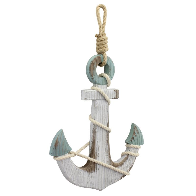 17.3&#34; x 10&#34; Wooden Anchor Wall Decor White/Light Blue - Stonebriar Collection, 1 of 6
