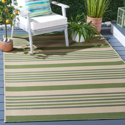 Beige & Green Striped Round Synthetic Easy-Care Area Rug