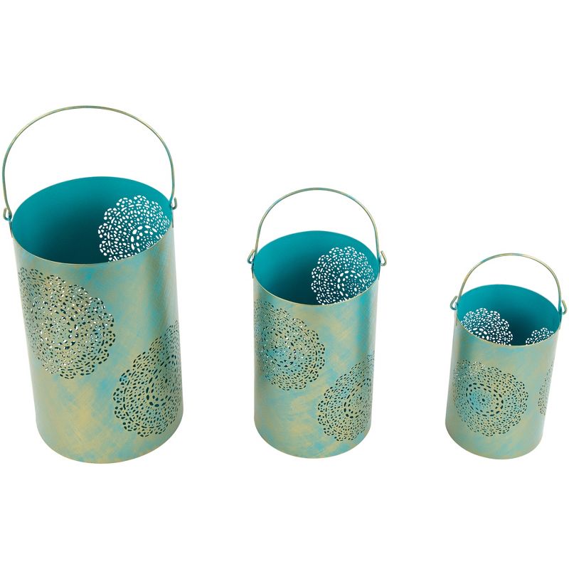 Northlight Set of 3 Turquoise and Gold Floral Laser-Cut Pillar Candle Lanterns, 5 of 8