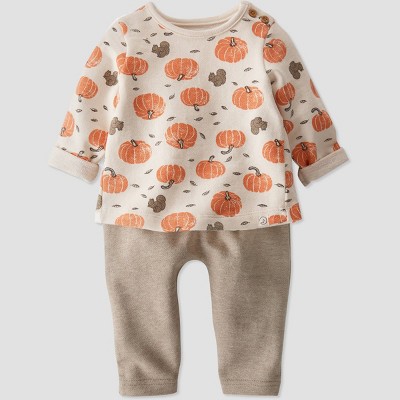 Image of Baby Organic Cotton Pumpkin Top and Bottom Set - little planet by carter's White/Brown/Orange Newborn