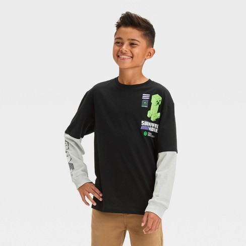 Boys' Minecraft Long Sleeve Graphic T-Shirt - Light Gray/Black - image 1 of 4