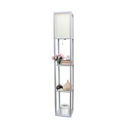 Elegant Gray Floor Lamp with Linen Shade and Display Shelves